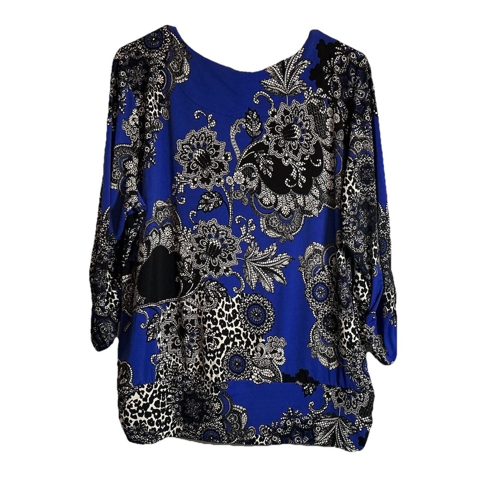 JM Collections - Size XL Petite Blouse Top Blue Black Floral Long Sleeve Stretch - Picture 2 of 8